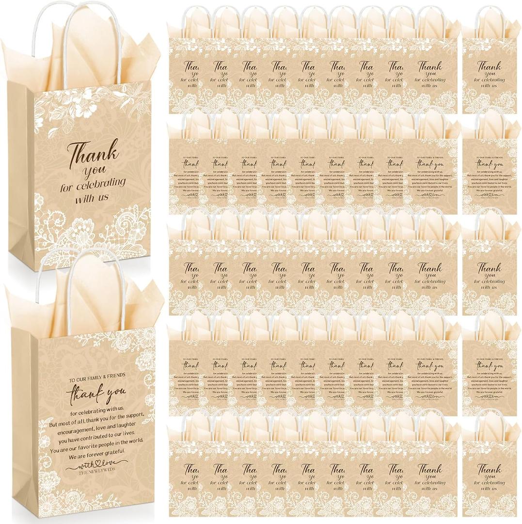Fuutreo 100 Set Wedding Gift Bags with Tissue Paper Wedding Welcome Favor Paper Bags for Guests with Handles Thank You Bridal Shower Hotel 21 * 8 * 15cm(Vintage Lace)