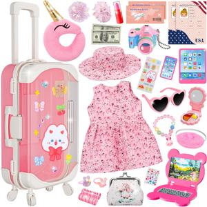 Doll Suitcase Travel Sets, 18 inch Doll Clothes and Accessories - 28 Pcs Travel Pillow, Unicorn Bag, Sunglasses, Camera, Computer, Phone, Passport, Birthday Gifts for Age 3 4 5 6 7 Year Old Girls