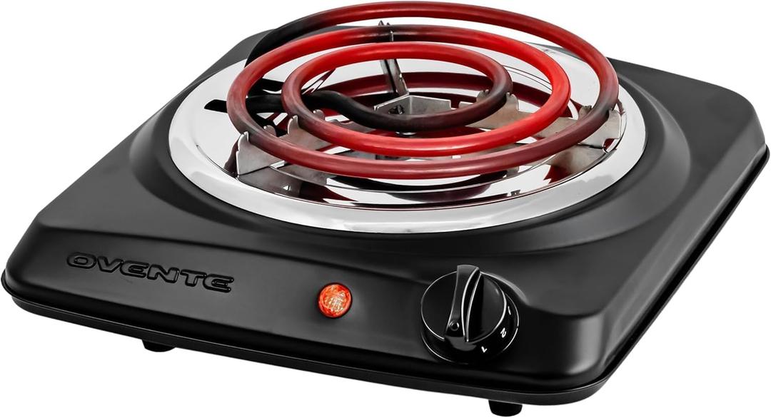 OVENTE Electric Countertop Single Burner, 1000W Cooktop with 6" Stainless Steel Coil Hot Plate, 5 Level Temperature Control, Indicator Light, Compact Cooking Stove and Easy to Clean, Black BGC101B