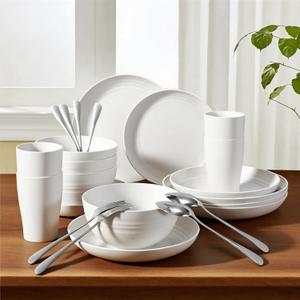 24 Pcs Dinnerware Set- Dinner Plates Set- Picnic & Camping- Unbreakable & Reusable- Includes 4x 9in, 4x 8in Plates, 4x 6in Bowls, 4 Cups, 4 Stainless Steel Forks and Spoons- Kitchen, Dorm, Office (White)