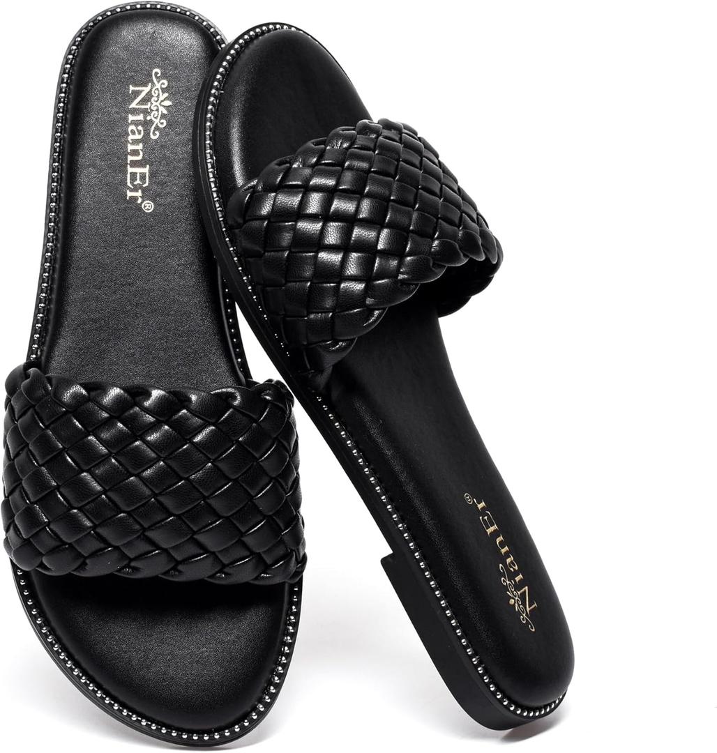 NianEr Womens Microfiber Leather Comfort Foam Rhinestone Glitter Sparkly Dress Flip Flop Sandals Summer Cute Flat Slides (8.5, 9601-005-Black)