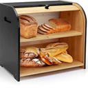 Thalomely Bread Box for Kitchen Countertop, Double Layer Bamboo Bread Storage Container for Homemade Bread, Roll Top Bread Box with 3 Adjustable Height for Kitchen Counter, Black Breadbox Organizer
