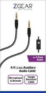 ZGEAR 4FT AUXILIARY CABLE - MICROPHONE & REMOTE TANGLE RESISTANT 3.5mm Audio