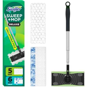 Swiffer Sweep & Mop Deluxe 2-in-1 Multi-Surface Kit for Floor Cleaning, Includes 1 Sweeper Device, 5 Dry Sweeping + 6 Wet Mopping Heavy Duty Cloths, Black
