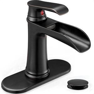 Brass Waterfall Faucet, Oil Rubbed Bronze Bathroom Faucet, 4 Inch Bathroom Sink Faucet 1 Hole or 3 Holes, 1 Handle Bathroom Faucets with Pop Up Drain Deck Plate Supply Hose for Antique Farmhouse (Oil Rubbed Bronze - Antique)