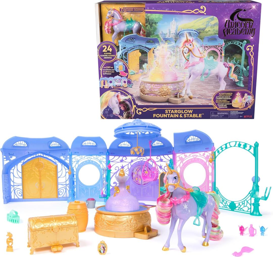 Unicorn Academy, Starglow Fountain & Stable Playset with Wildstar, Lights & Sounds, 24 Accessories, Dolls & Unicorn Toys for Girls Ages 4 and up, One Size