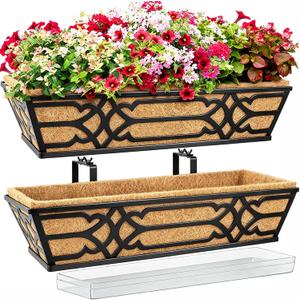 2 Pack 24 Inch Railing Planter Boxes with PET Water Storage Tray & Coco Liner, Window Boxes Planters for Deck Railing, Metal Hanging Flower Box for Outdoor Balcony Fence and Patio Garden