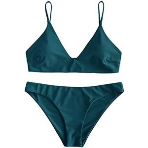 ZAFUL Women's Solid Spaghetti Strap Bralette Bikini Set Two Piece Swimsuit, Small