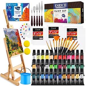 ESRICH Acrylic Paint Set,64PCS Painting Supplies with Wooden Easel,Brushes,36Colors Acrylic Paint, Canvases,Palette,Paints Knives Etc,Painting Kit for Adults,Students,Hobbyists,Beginners