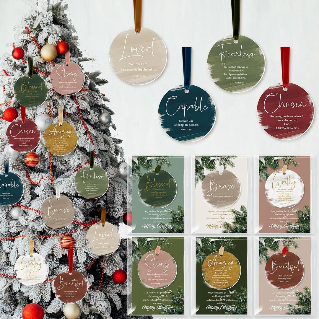 30 Set Christian Christmas Tree Ornaments Inspirational Acrylic Hanging Ornament for Xmas Tree Watercolor Bibles Verse Gifts with Merry Christmas Cards for Women Men Church (Stylish Round)