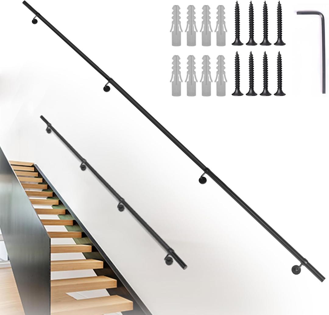 10Ft Industrial Metal Stairs Handrail Kit, Sturdy Wall Mount Aluminum Hand Rail, Indoor Outdoor Stair Railing Wood Concrete Brick Wall,1.5 in Round Pipe Grab Bar, Matte Black-10FT