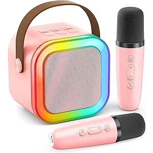 Karaoke Machine for Kids Adults, Portable Bluetooth Mini Karaoke Microphone Singing Speaker with 2 Mic and Light,Toys for All Smartphones,Birthday, Family,Home Party (Pink)