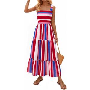 Yousify Womens Summer Maxi Dress 2026 Striped Casual Patchwork A Line Smocked Long Dress Boho Flowy Swing Beach Sundress, 2XL
