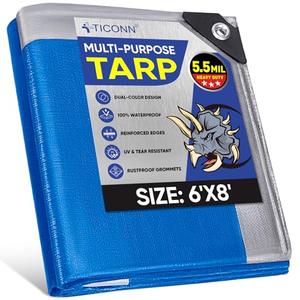TICONN Heavy Duty Tarp Cover, Extra Thick Tarps Waterproof Tear and Rip Proof UV Resistant Tarpaulin with Reinforced Grommets and Edges (5.5 Mil, 6'x8')