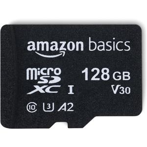 Amazon Basics microSDXC Memory Card with Full Size Adapter, A2, U3, Read Speed up to 100 MB/s, 128GB, Black