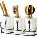 3-Piece White Ceramic Silverware Cutlery Holder with Black Metal Rack, Utensil Holder Flatware Caddy Cutlery Storage Organizer for Kitchen and Countertop (White)