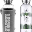2 Liter Large Glass Water Bottle with Motivational Daily Water Intake Marks,Drinking Bottle,64 oz Resuable Wide Mouth Glass Bottles with Handle Sleeve, BPA Free for Gym/Office (Silvery Lid)