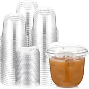 Baderke Clear Plastic Cups with Strawless Sip Lids Disposable Round Bottom Togo Cups for Coffee Smoothie Cold Beverage Coffee Shops and Party Catering(10 oz,100 Pcs)