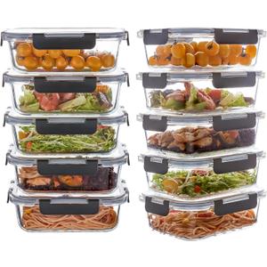 10 Pack 22 oz Glass Meal Prep Containers, Glass Food Storage Containers with Lids, Reusable Airtight Leakproof Lunch Bento Boxes Freezer, Microwave Oven and Dishwasher, Gray