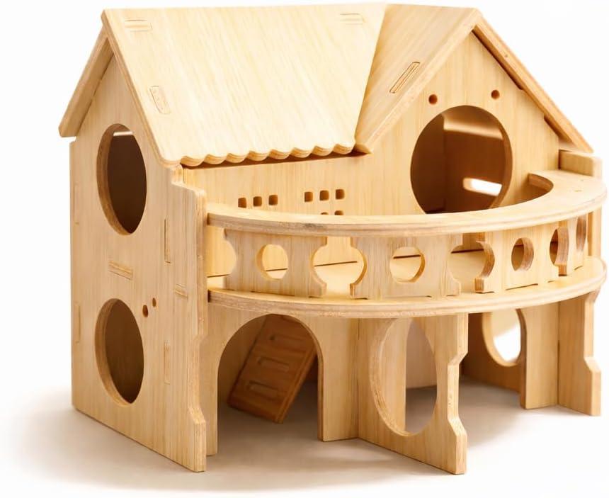 Improved Safety Large Balcony Small & Cute Wooden Hamster House with Large Balcony Double-Decker Forest-Style Hut for Dwarf Hamsters, Mice, Gerbils, Rats & Small Pets (Compact Size Only)