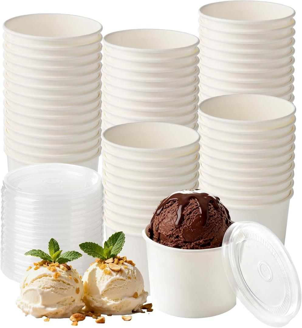 100 Pack 4 oz Paper Ice Cream Cups with Lids Frozen Yogurt Cups Dessert Bowls Snack Dessert Bowl Supplies (White Cups + Clear Lids)