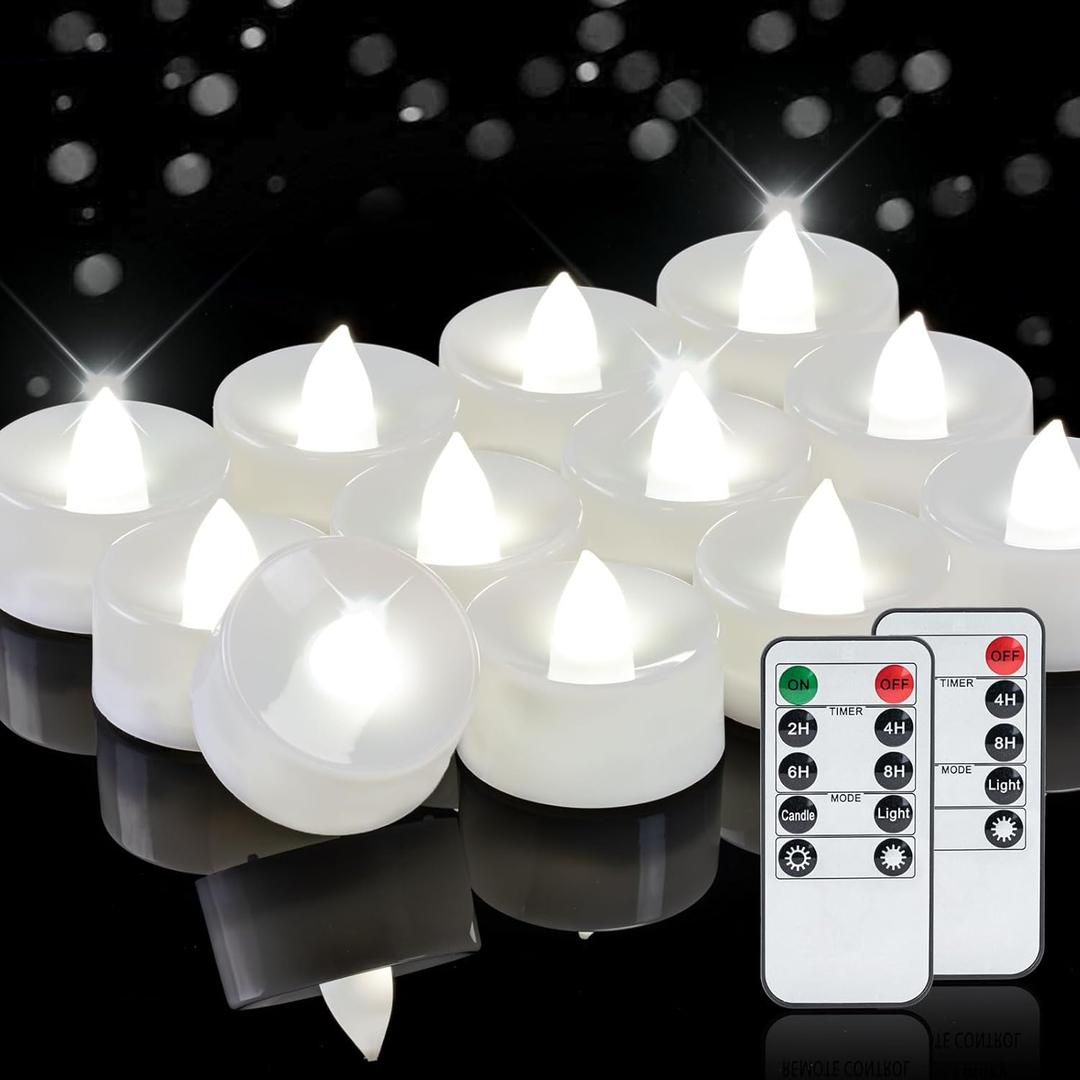 Homemory 24pcs Flameless LED Tea Lights with Remote & Timer, 400+Hours Realistic Flickering Battery Candles for Seasonal, Tabletop, and Centerpieces Decor (Cool White Glow, White Base)