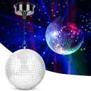 Disco Ball with Motor and Light, 8" Hanging Mirror Ball and 6RPM Batteries Powered Rotating Motor with 4 Light Colors and 18 LEDs for Disco Party Decoration, DJ Club