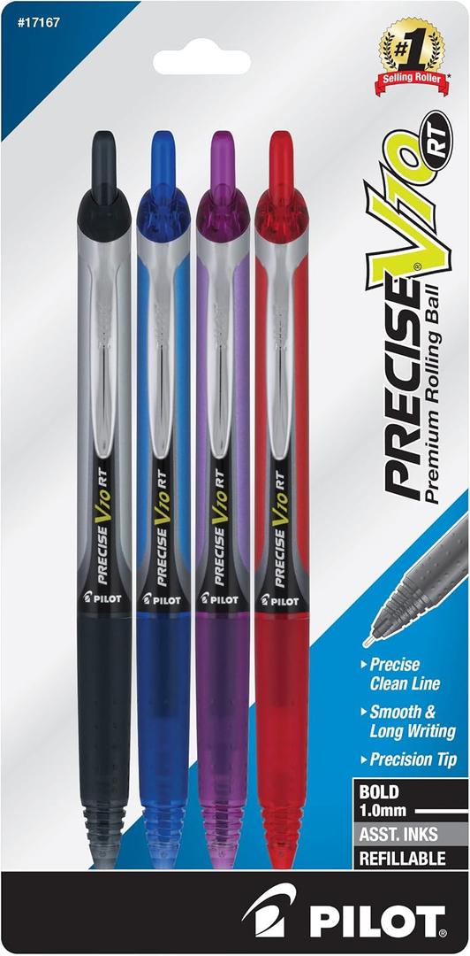 Pilot Precise V10 Retractable Rolling Ball Pens, Bold Point, 1.0 mm, Assorted, Pack Of 4 Pens