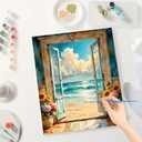 Beach View Paint by Numbers Kit for Adults - DIY Ocean Scene Through Doorway Painting on Canvas, Acrylic Paint Set, Suitable for Beginners, Art for Home Decoration or Gifts(16X20IN Framed)