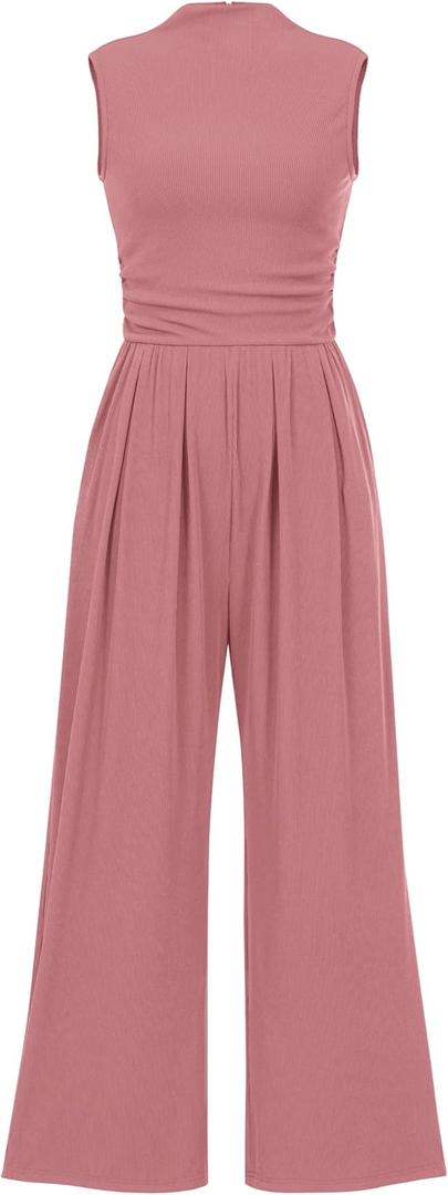 PRETTYGARDEN Womens Summer Jumpsuits Dressy Casual One Piece Outfits Sleeveless Mock Neck Wide Leg Pants Rompers with Pockets (Pink, L)