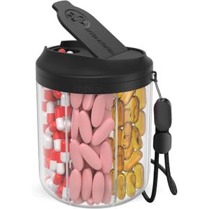 Hionxmga Pill Bottle Organizer with 7 Large Compartments, Pill Dispenser for Travel, Supplement Organizer with Anti-Mixing Design, BPA-Free Pill Container with 20 Pcs Labels, Black