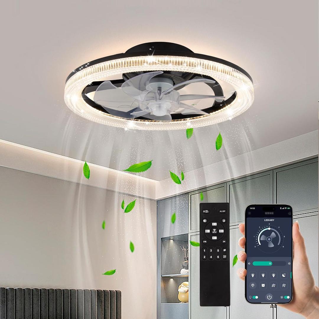 Tommax Ceiling Fans with Lights and Remote, 15.7 Inch Low Profile Flush Mount Bladeless Ceiling Fan, Black Modern Ceiling Fan with 6 Speeds, 3000-6000K Dimmable Led Fan Light for Bedroom, Livingroom (15.7in)