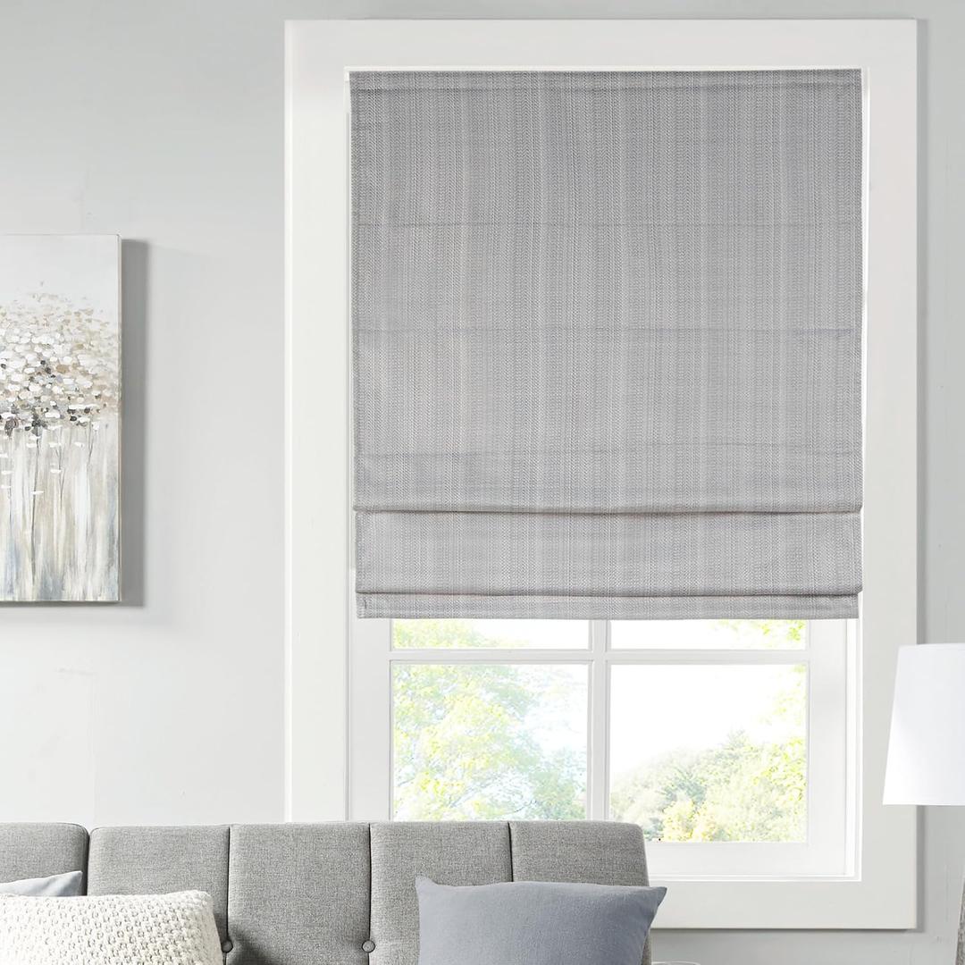 Madison Park Galen Cordless Roman Shade, 33"W x 64"H, Sheen Grey Room Darkening, Thermal Insulated, Energy Efficient Window Blind with Subtle Sheen Basketweave Fabric for Privacy