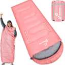 Sportneer 0 Degree Wearable Sleeping Bag for Adults & Kids Walkable with Arm Zippers, Waterproof & Warm, Compact for Camping, Stadiums, Travel, Backpacking & Car Use (78.7''Long 32-65, Pink)