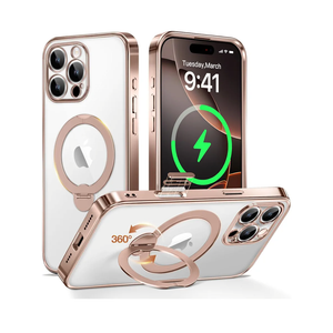Desert Titanium for iPhone 16 Pro Case With 360° Spin Magnetic Stand,[Compatible With Magsafe] [Military Protection][Built-in Ring Holder]Camera Control Phone Case for 16 Pro,Rose Gold/Clear