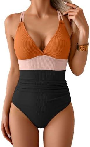 Aidonger Women's One Piece Color Block Swimsuit Tummy Control Slimming Bathing Suit V Neck Cutout High Waisted Swimwear M