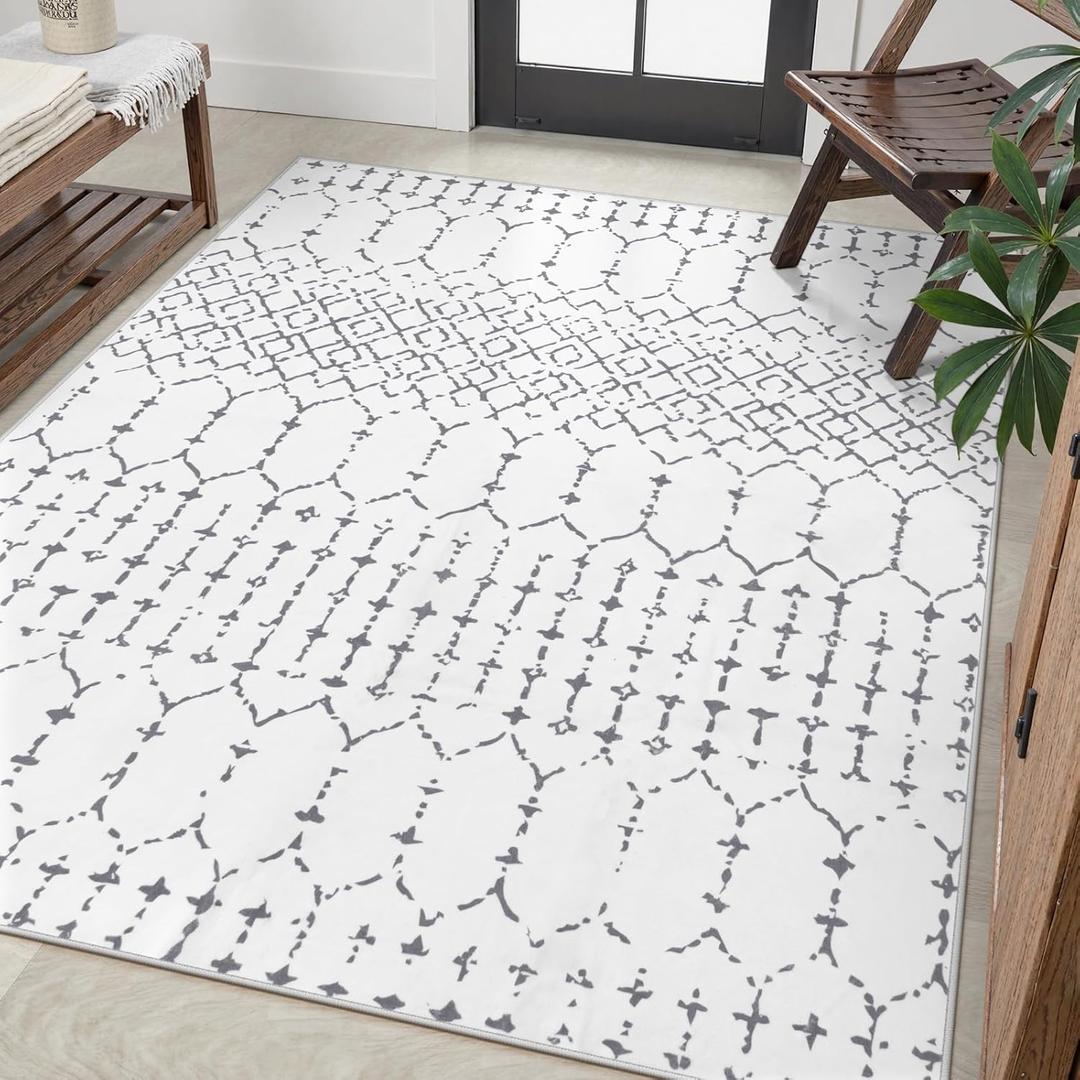 Lahome Moroccan 8x10 Rugs for Living Room - Non-Slip Washable Ultra-Thin Large Rug for Dining, Modern Geometric Print Indoor Soft Carpet for Bedroom Office, White
