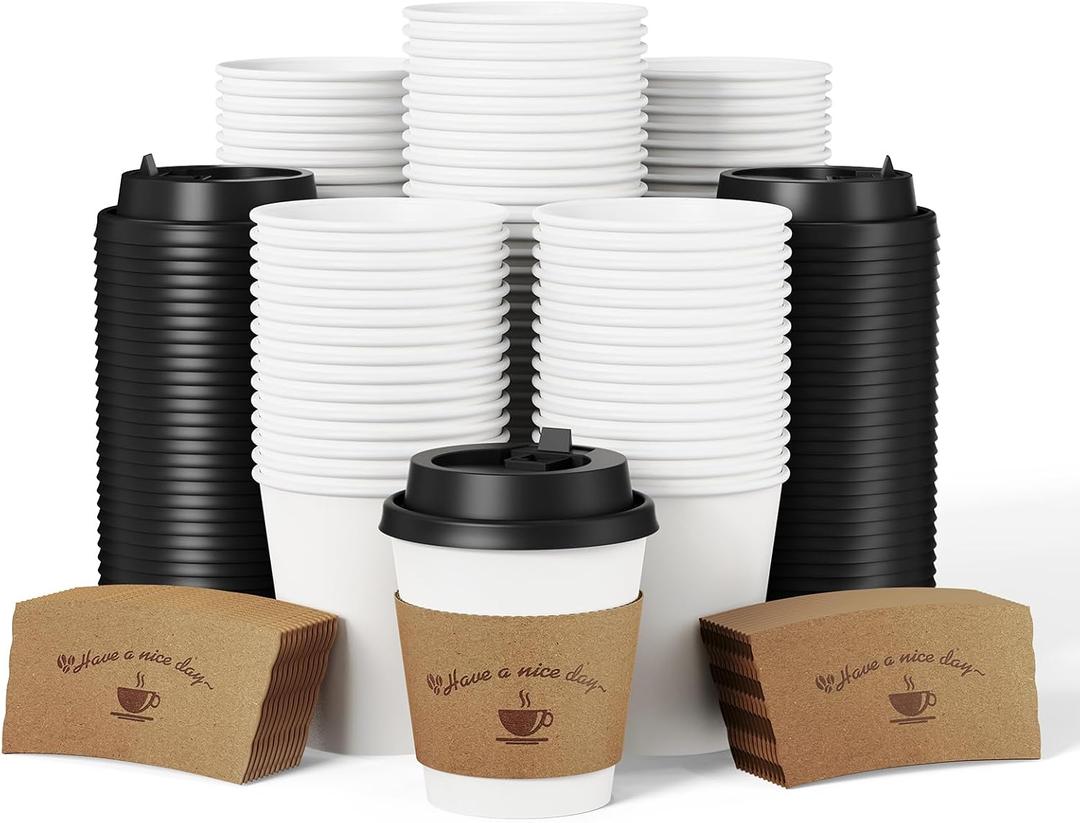LITOPAK 100 Pack Disposable Coffee Cups with Lids and Kraft Sleeves, 10 oz White Coffee Cups, Paper coffee Cups for Hot Drinks