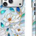 Floral Design Phone Case for iPhone 17 Pro, Wireless Charging Compatible Dual-Layer Hard Shell + Silicone Cover Designs for Girl Women Blue Flower