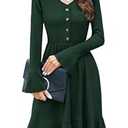 ULTRANICE Women's Sweater Dress Fall Long Bell Sleeve V Neck Button Casual Flared Winter Dresses(Green, M)