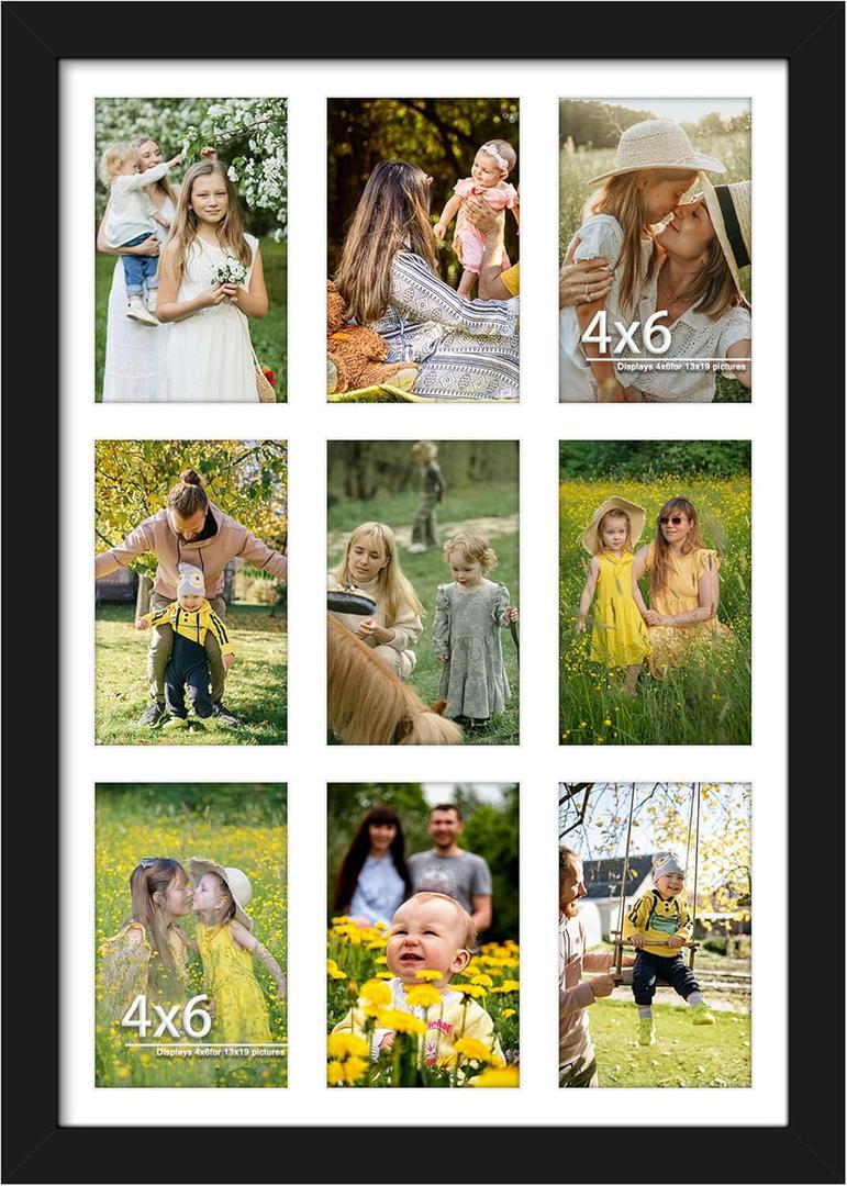 DUENPY 13x19 Collage Picture Frame 4x6 Picture Frames Collage Wall Decor Displays Nine 4x6 inch Photos Horizontal Wall Mounting Display and Vertical Black