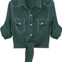 AMEBELLE Women's Roll Up 3/4 Sleeve Tie Front Knot Shirt Chambray Denim Crop Top (Large, Darkgreen)