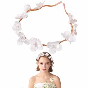 White Fabric Flower Headband Flower Headpiece Rhinestones Wedding Flower Headband Princess Crystal Pearl Hair Accessories for Women Girls Wedding Birthday Party First Communion Tiara