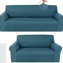 Peryiter 2 Pcs Sofa Covers Loveseat Couches Covers for Living Room Slipcover Set Furniture Protector for Couch Arm Chair, Form Fit Stretch, Wrinkle Proof(Peacock Blue,Milk Silk)