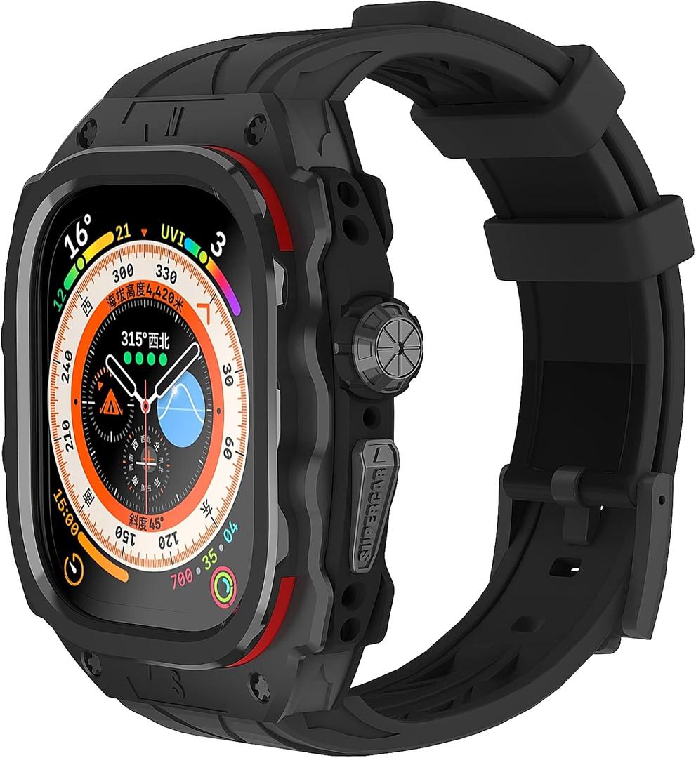 Luxury Metal Case for Apple Watch Ultra 49mm Band with Cover Heavy Duty Rugged Case Silicon Strap for men Full Protective Cover (Black Warrior)