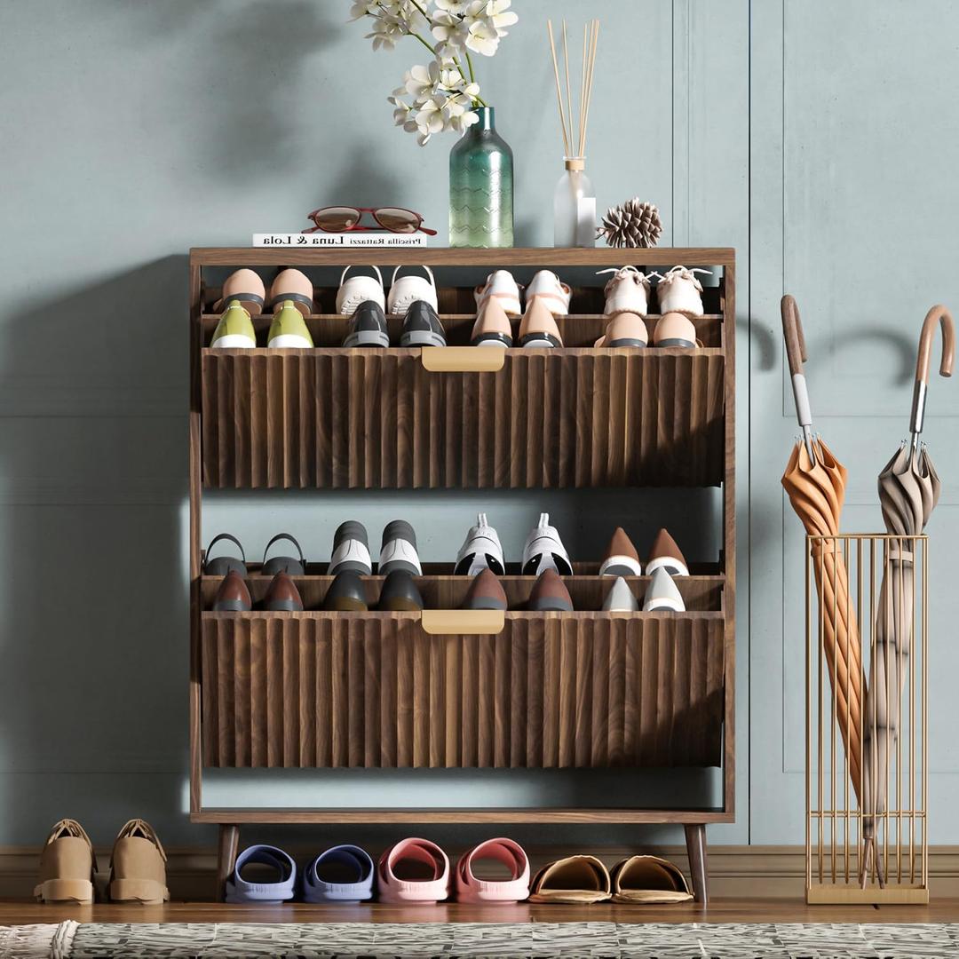 Shoe Cabinet Storage, Modern Freestanding Organizer with 2 Flip Drawers, Narrow Shoe Rack for Entryway, Walnut, 9.4"D x 31.5"W x 38"H