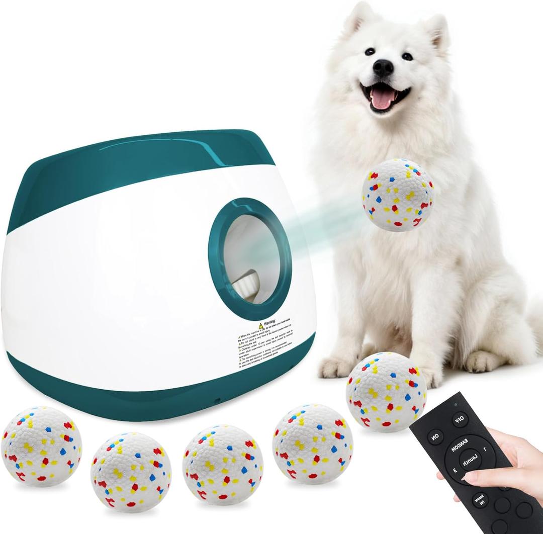 MEKAPLE Automatic Dog Ball Launcher, Upgraded Interactive Dog Balls Thrower with 3 Distance 29Ft-79Ft, Remote Control Ball Launcher for Medium&Large Dogs, 6 Etpu Balls Included (Dark Green)