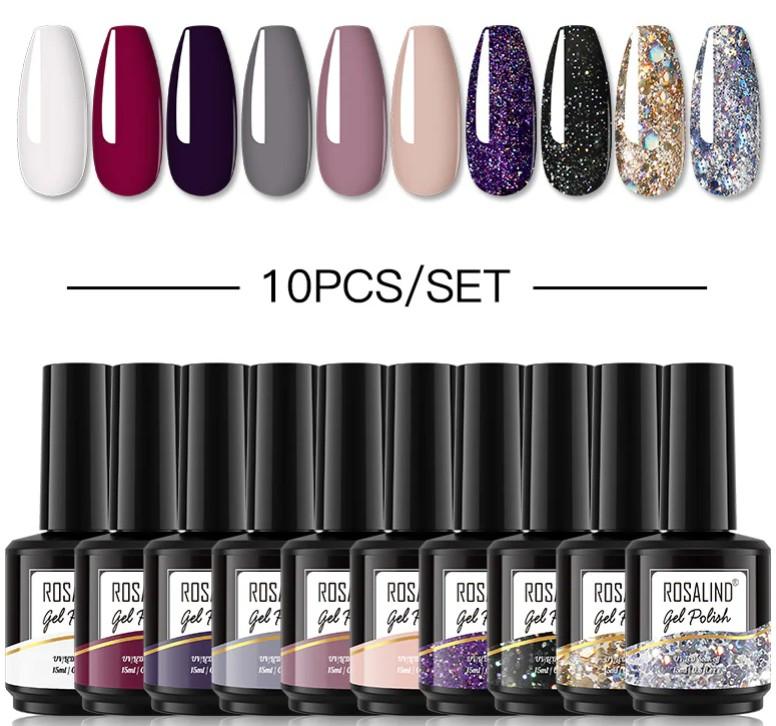 ROSALIND Gel Nail Polish 10Pcs/Set For Manicure Nails Art UV Gel Need Base Top Coat Vernis Semi permanent Nail Polish 15ML