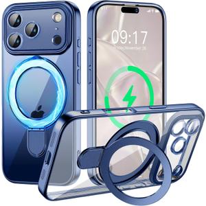 Magnetic for iPhone 17 Pro Max Case with Invisible Stand[Compatible with MagSafe][Full Camera Lens Protector][Military Drop Protection] Shockproof Not Yellowing Clear Slim Soft for Women Men (Blue Titanium)