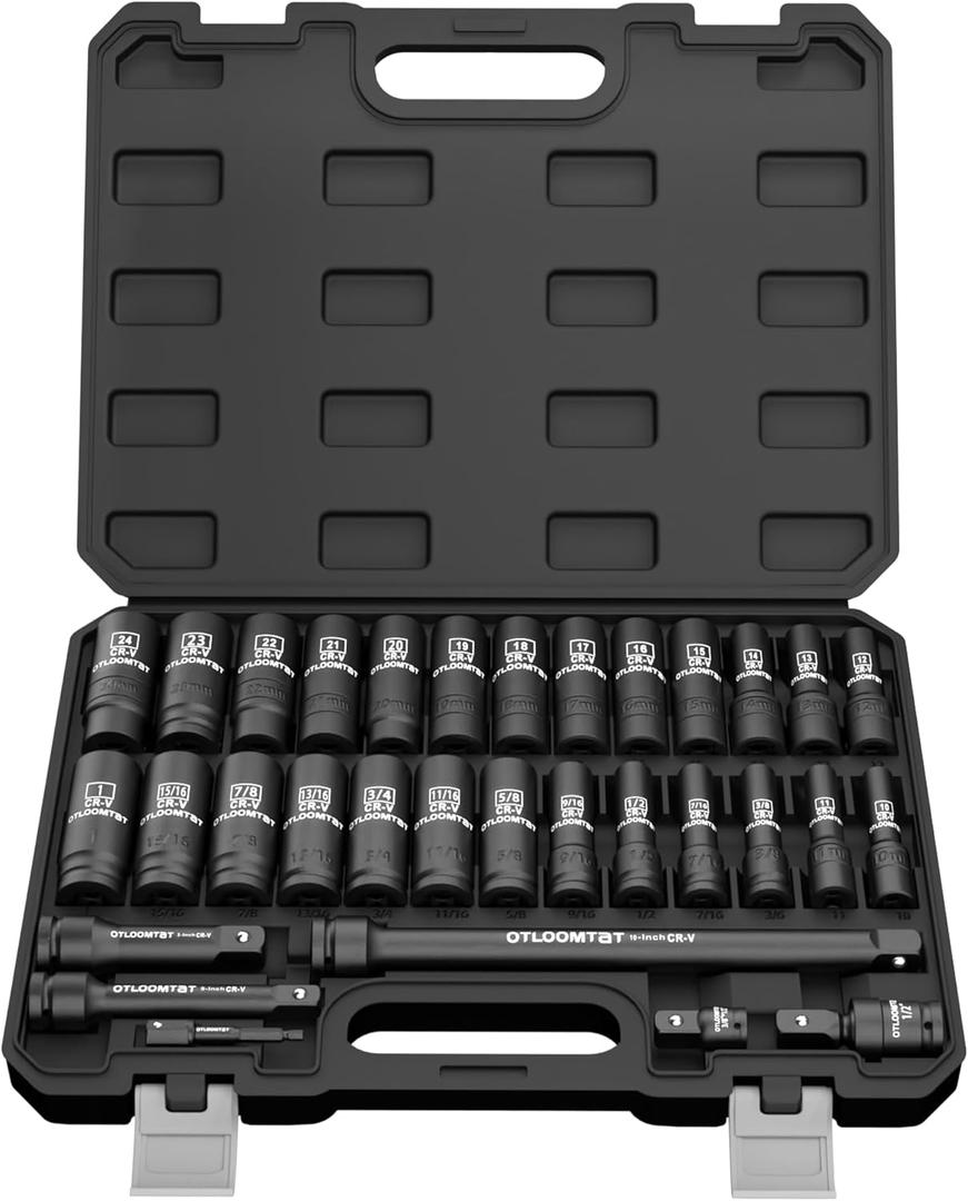 OTLOOMTBT 32PCS 1/2" Drive Impact Socket Set - Heavy Duty Industrial-Grade Deep Sockets, Metric/SAE Full Set with Extension Bar, Cr-V Steel Corrosion-Resistant Coating & Premium Storage Case